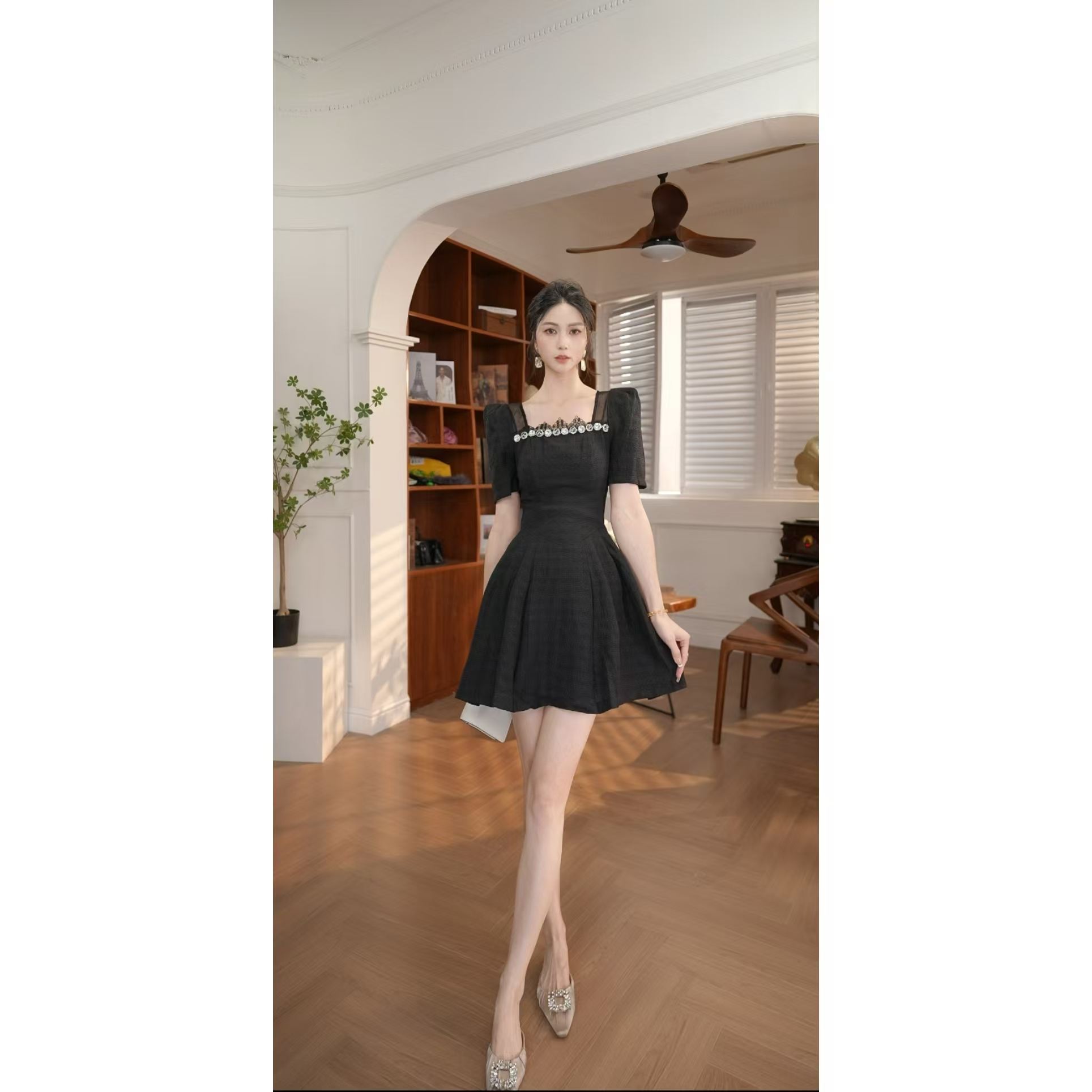 【宝总】时尚优雅收腰修身名媛宴会显瘦轻奢方领设计感连衣裙21212