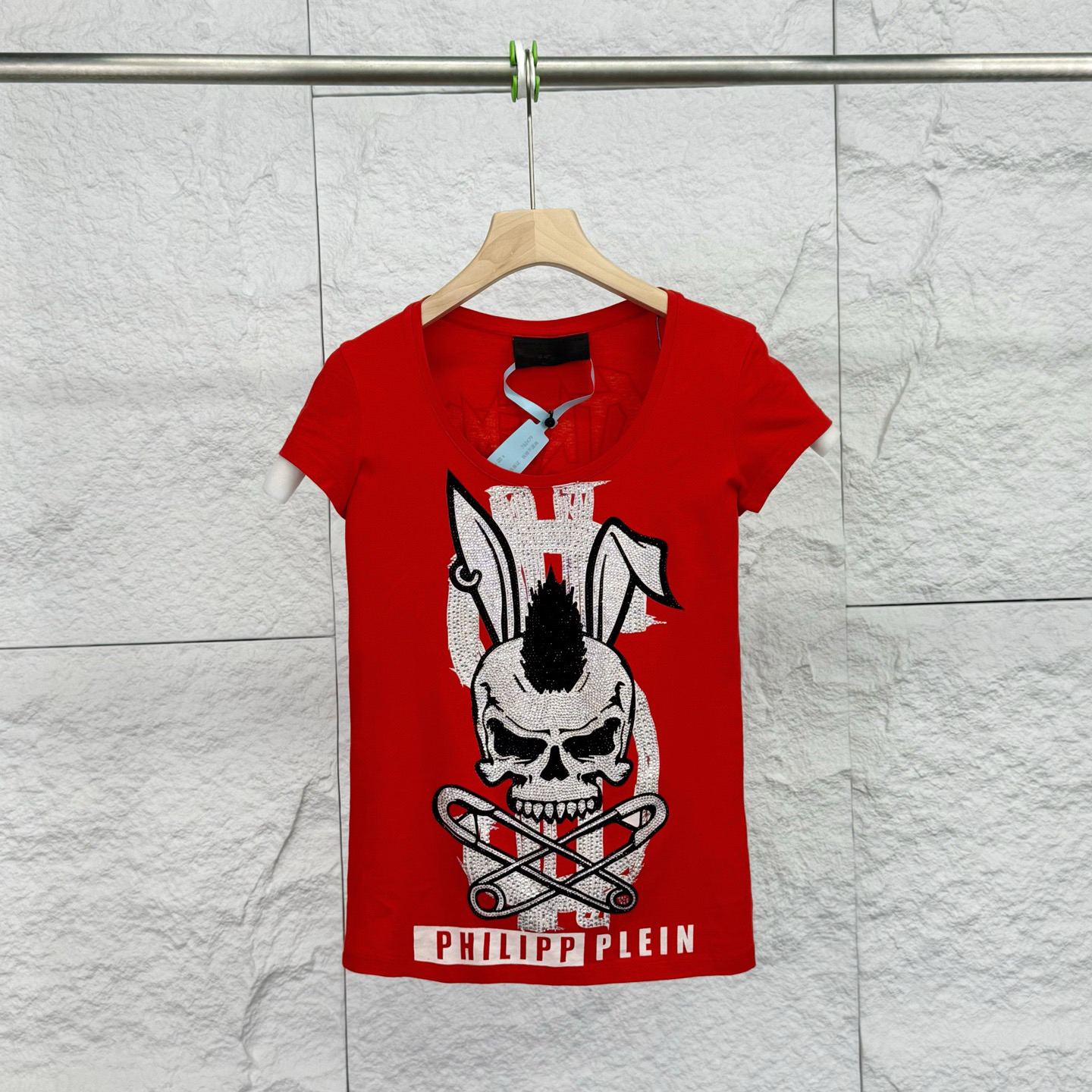 99新 Philipp Plein XS码/红色烫钻骷髅币款修身短袖/12963104