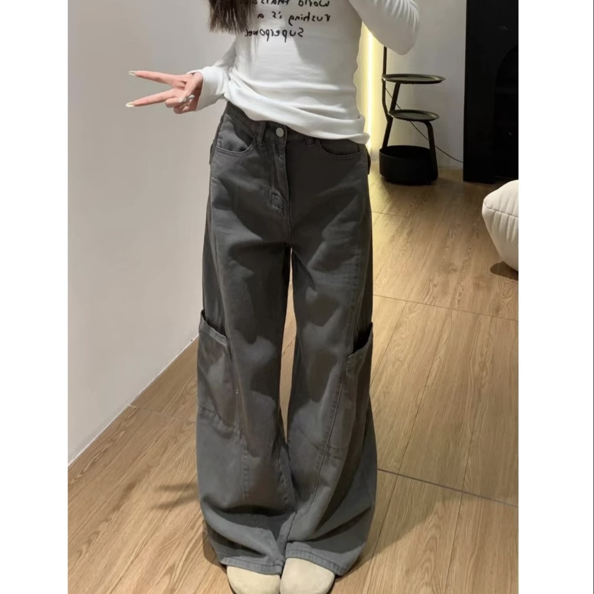 美式复古高街阔腿牛仔工装裤女新款设计感宽松显瘦垂感高腰阔腿裤