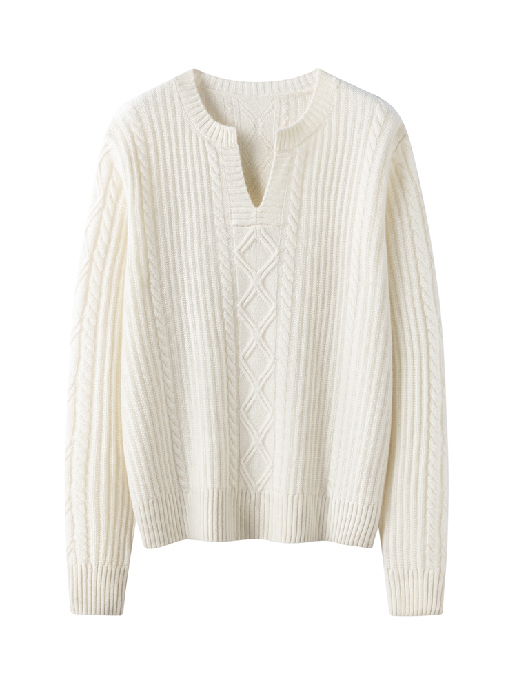 100%山羊绒扭花剪刀领套衫