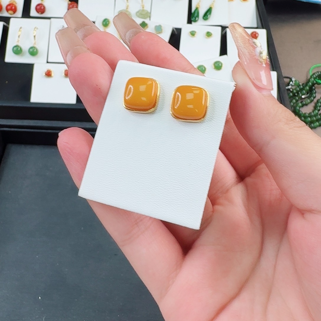 银S925镶嵌蜜蜡耳饰方形耳钉