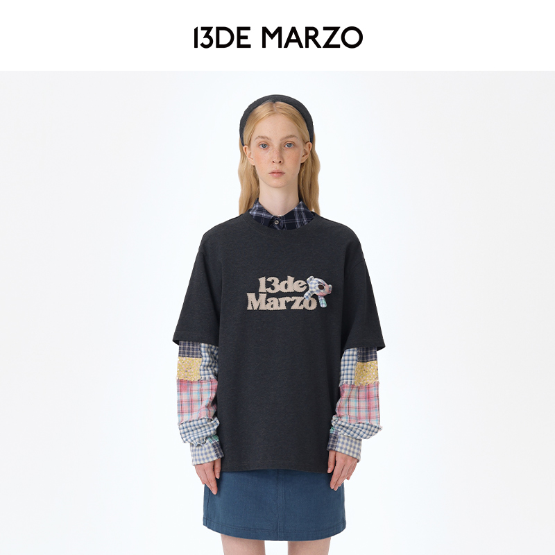13DE MARZO男女同款 2025秋季新款假两件拼格打底衫宽松长袖T恤