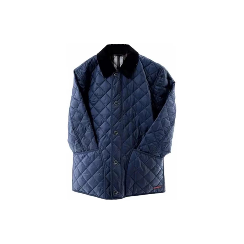 【法国直邮】Burberry/博柏利 深蓝色涤纶格纹单排扣双面翻领棉服