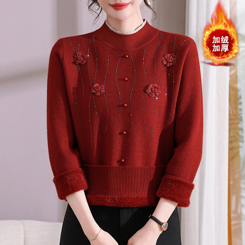 冬季半高领妈妈装加绒加厚宽松针织衫毛衣中老年镶钻保暖套头上衣