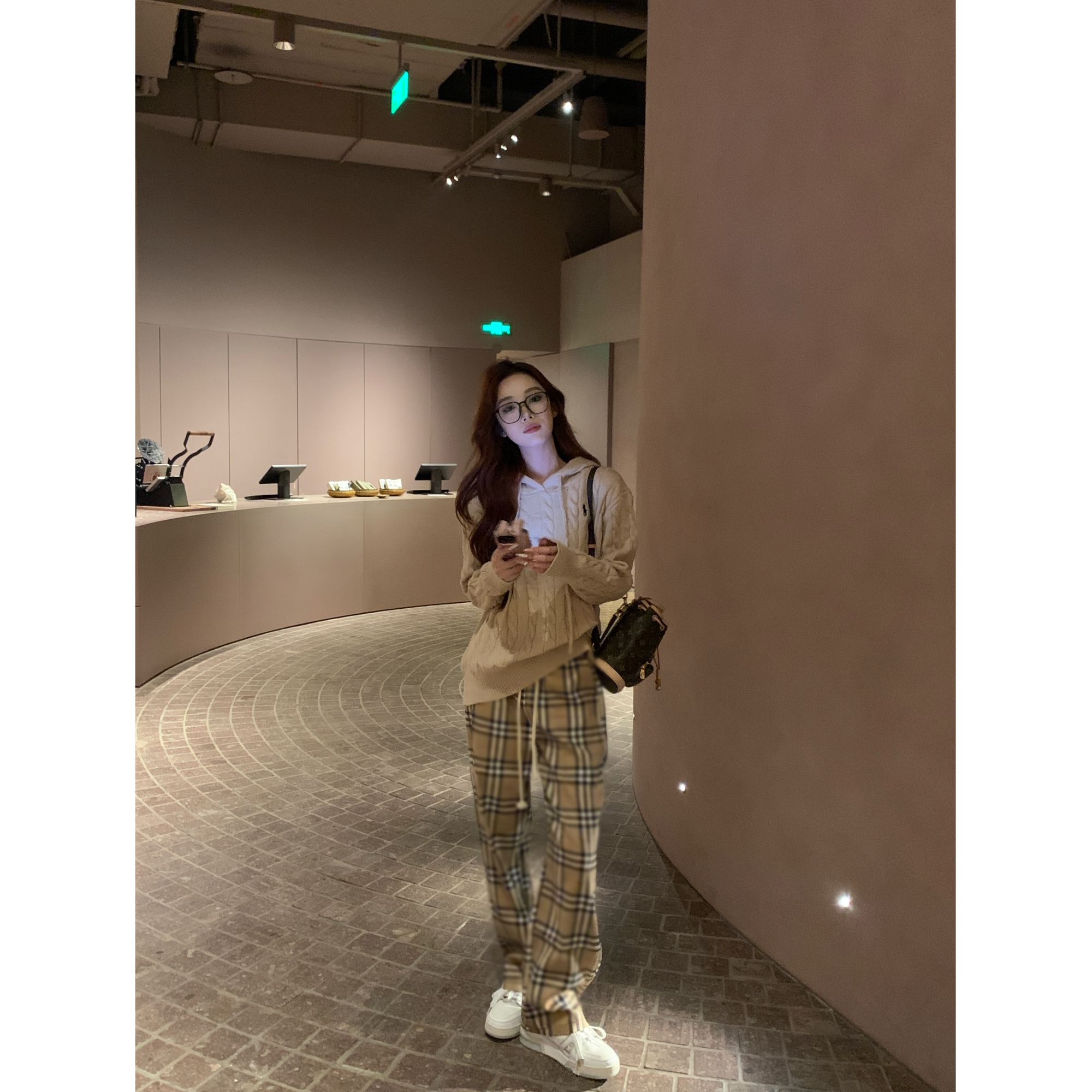 时尚套装慵懒风麻花毛衣女早秋高腰格子直筒长裤两件套162