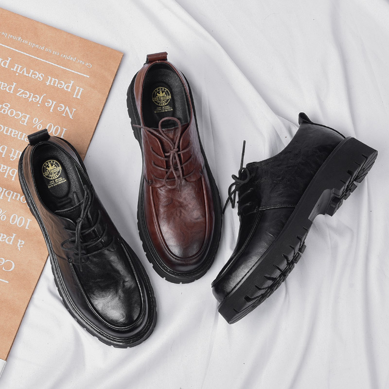 6633夏季厚底增高休闲中跟纯色男士手抓纹休闲大头真皮牛皮皮鞋男