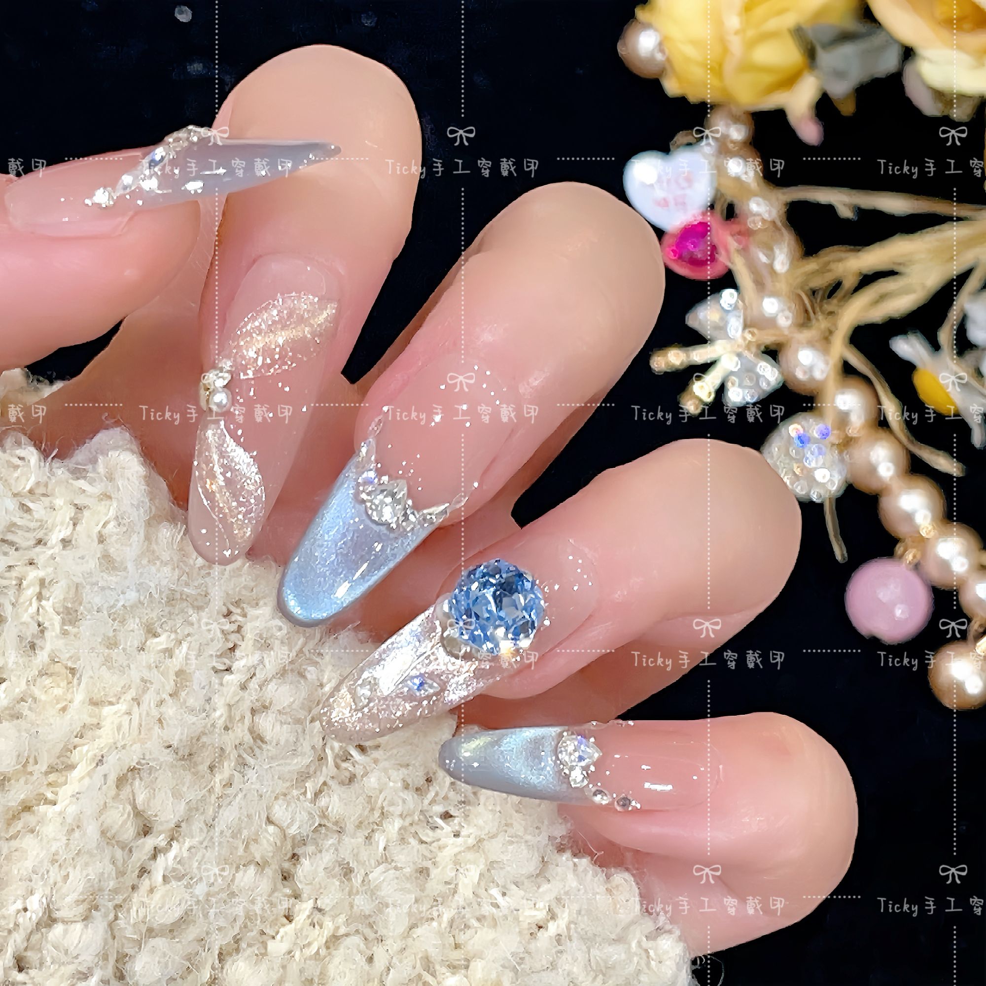 【冰蓝玫瑰】蓝色爆闪法式猫眼显白中长款纯手工可拆卸穿戴甲贴片