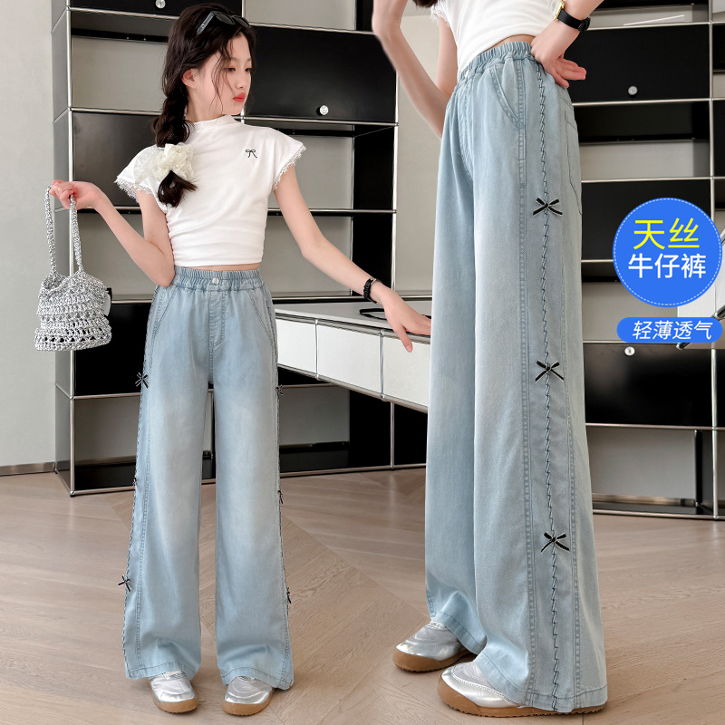女童牛仔裤夏季2025新款儿童薄款天丝裤子中大童蝴蝶结直筒阔腿裤