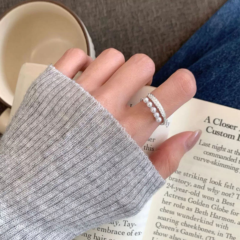 925银戒指 麦穗仿珍珠戒指女法式复古轻奢独特设计小众气质