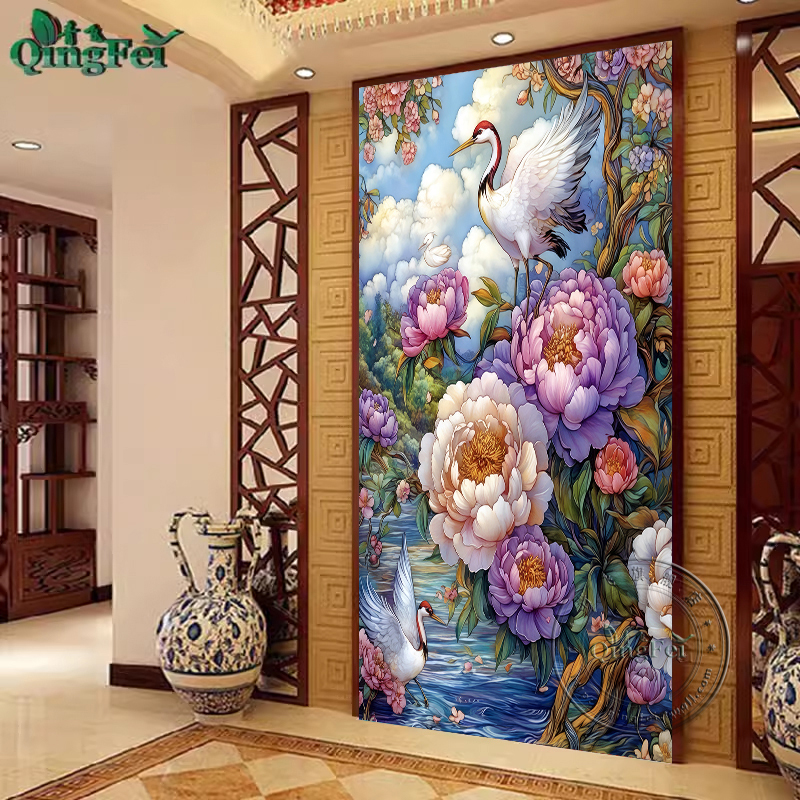 青飞精准鹤寿延年牡丹呈祥十字绣牡丹花十字绣客厅玄关满绣图E350