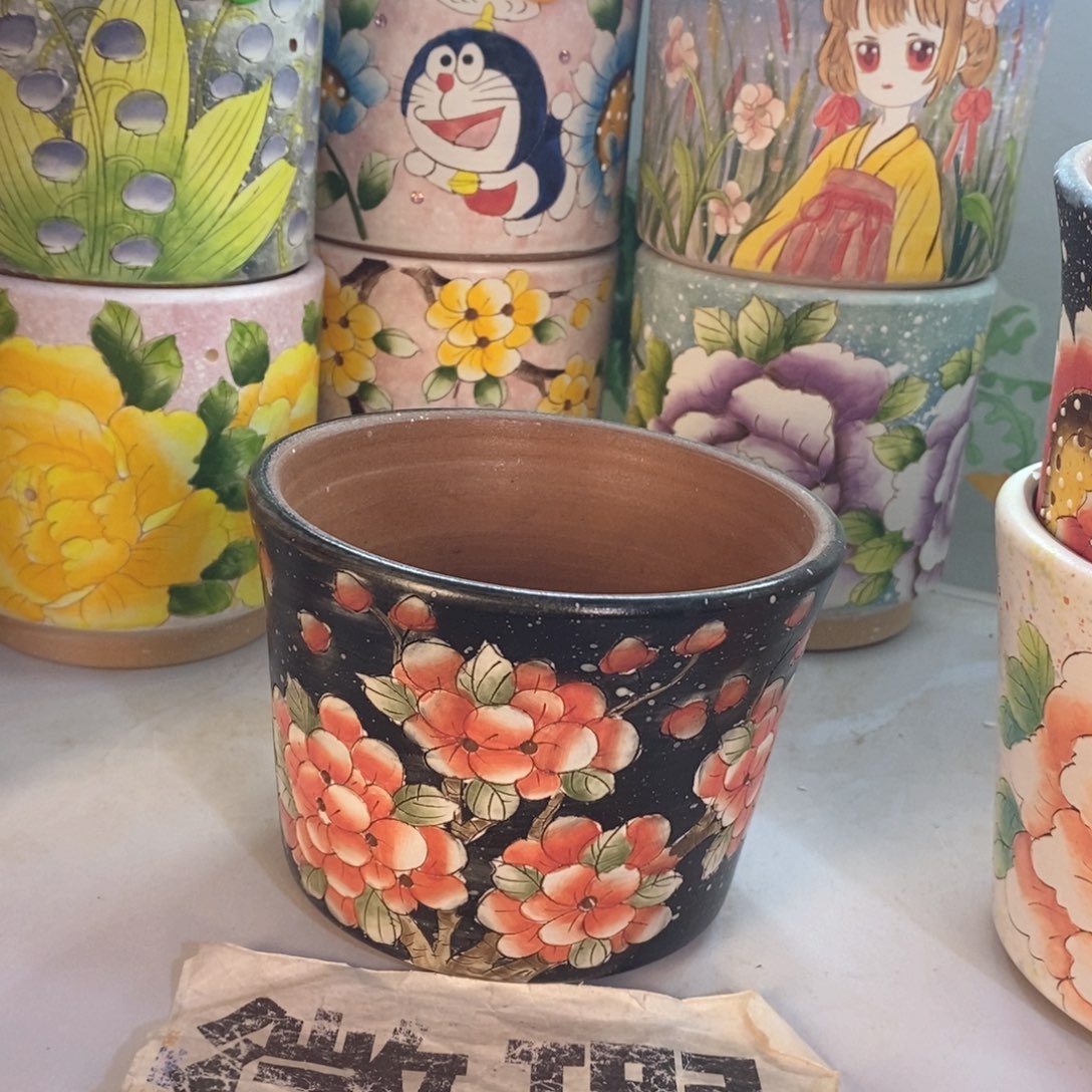 紫砂花盆红陶手绘花盆