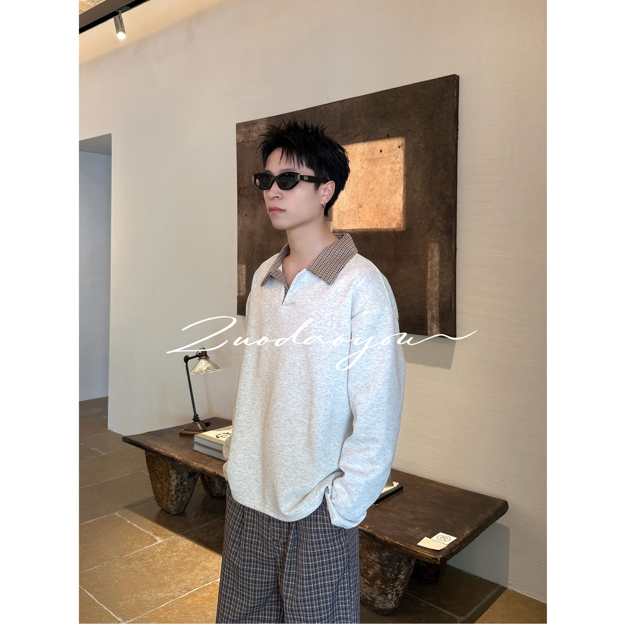 千鸟格松弛感老钱风拼接polo领洛卡抗皱内搭长袖t恤男女打底衫