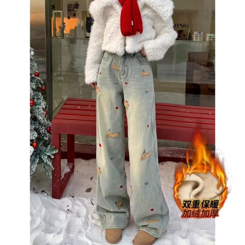 【小麦专属】腊肠狗刺绣高腰加绒直筒牛仔裤女2024冬季显瘦阔腿裤