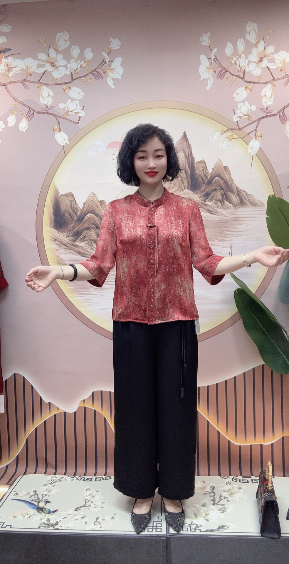 清凉国风妈妈装8575蕾丝边开衫裤子