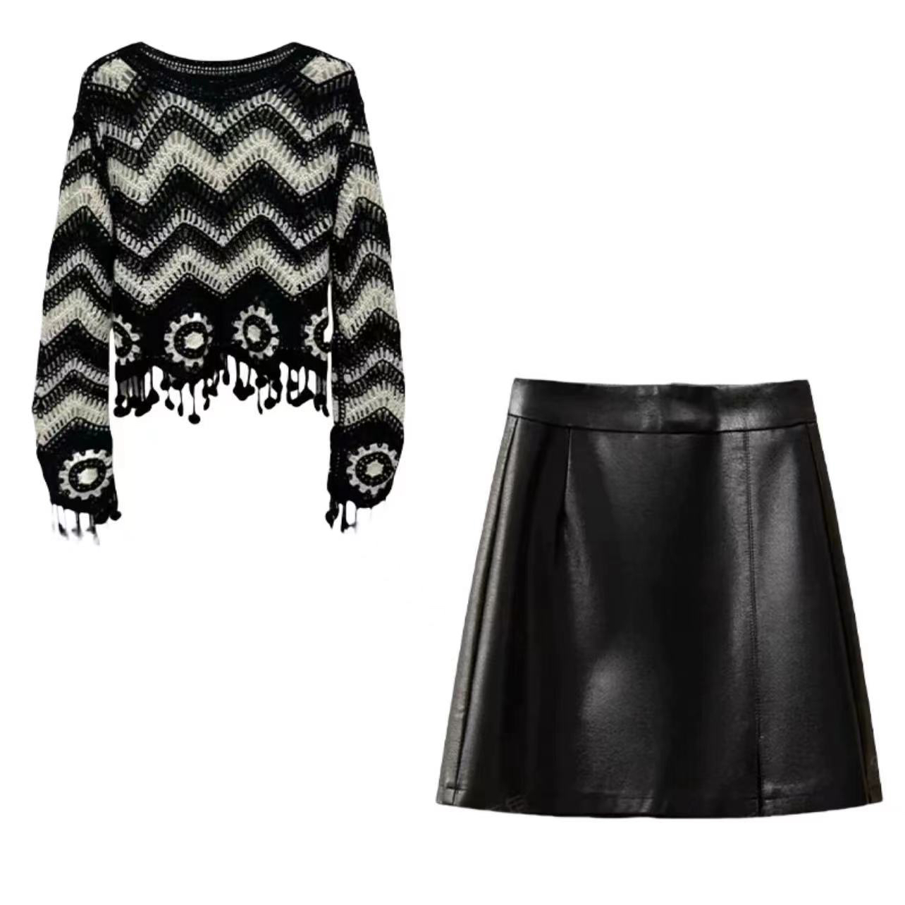 《上衣+皮裙》两件套 大码法式复古圆领针织衫秋冬设计感民族风套装