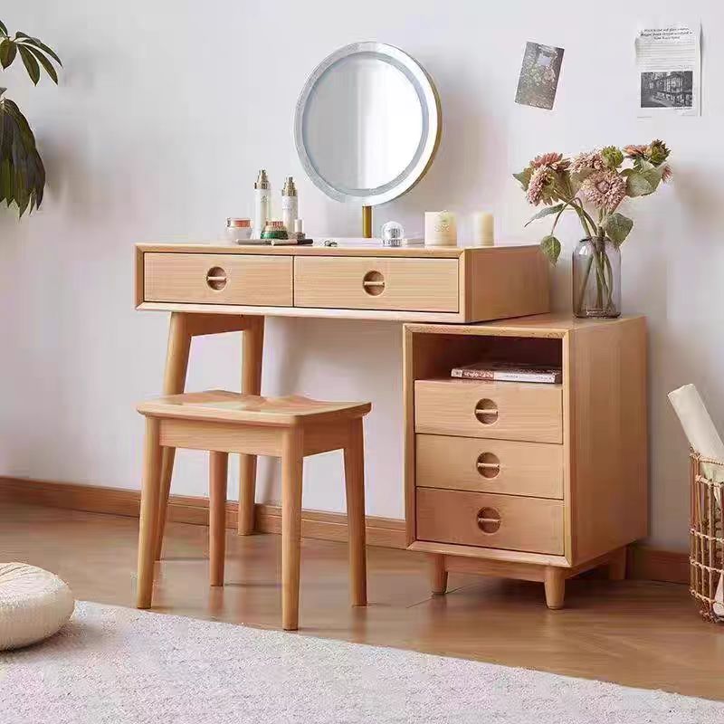 原木风榉木实木梳妆台现代简约卧室收纳储物伸缩化妆桌带灯镜妆凳