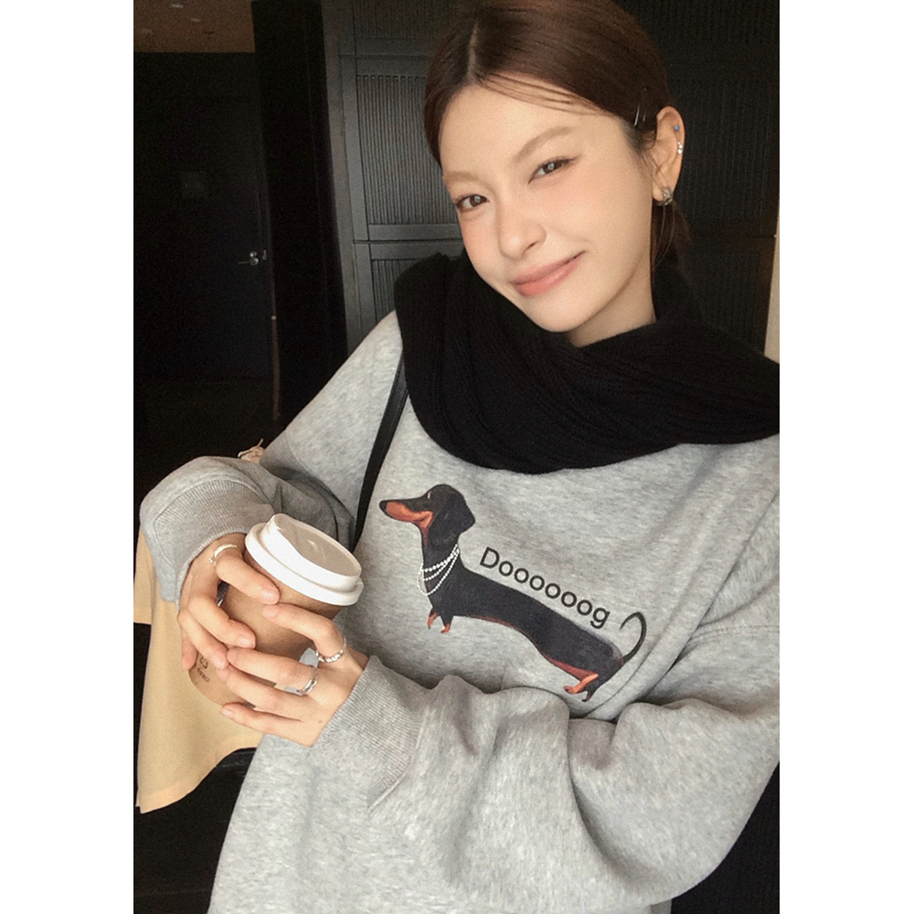 张贝贝 汪汪日记 440g一体绒 腊肠狗复古印花卫衣