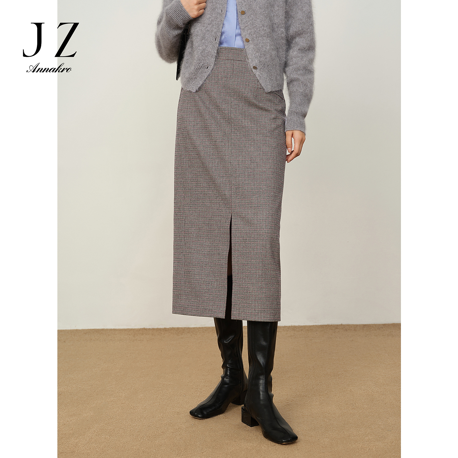 【KK专属】玖姿·安娜蔻JTDD20008格纹气质前中开叉半身长裙女冬