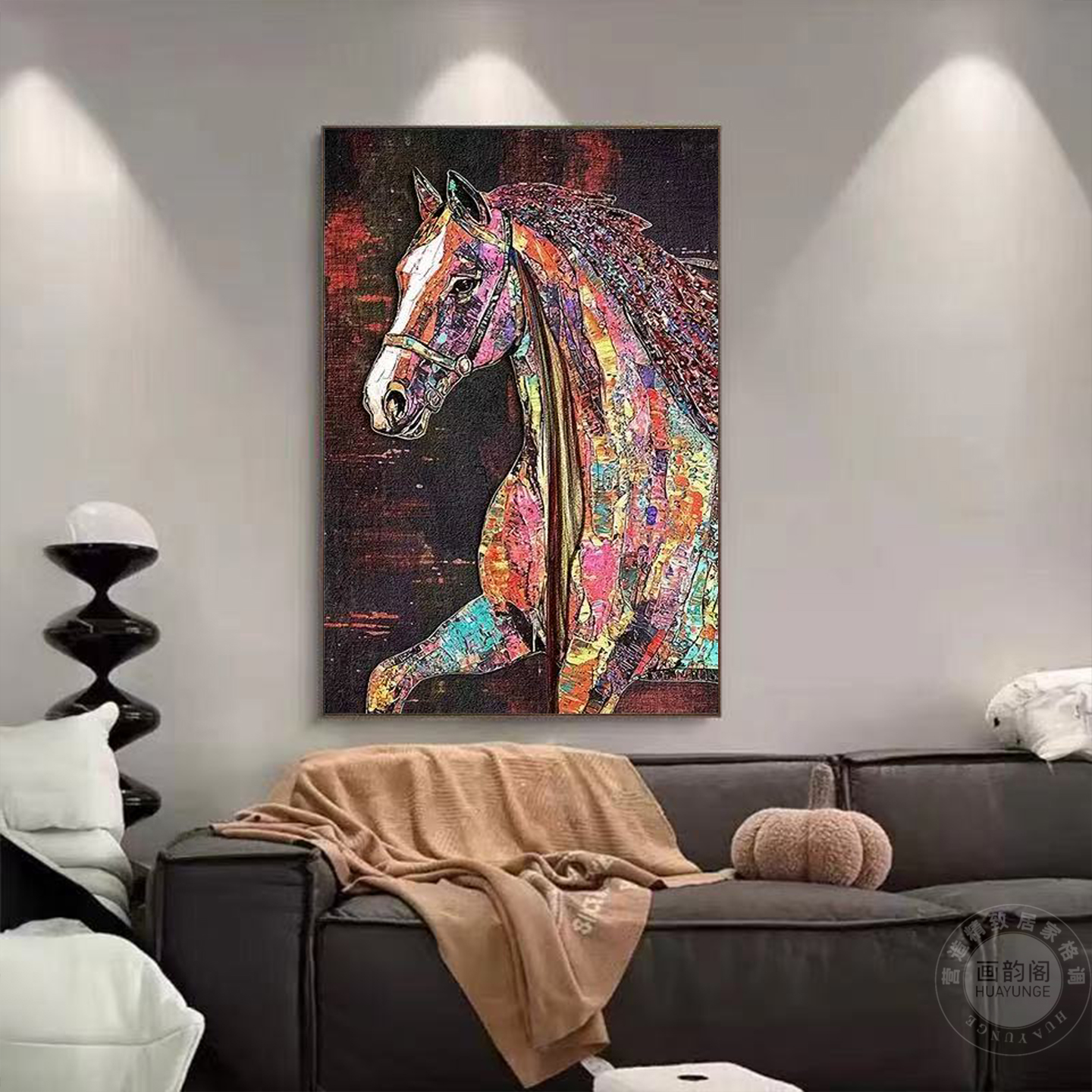 中古风马到成功客厅沙发背景墙装饰画高级感轻奢艺术抽象玄关挂画