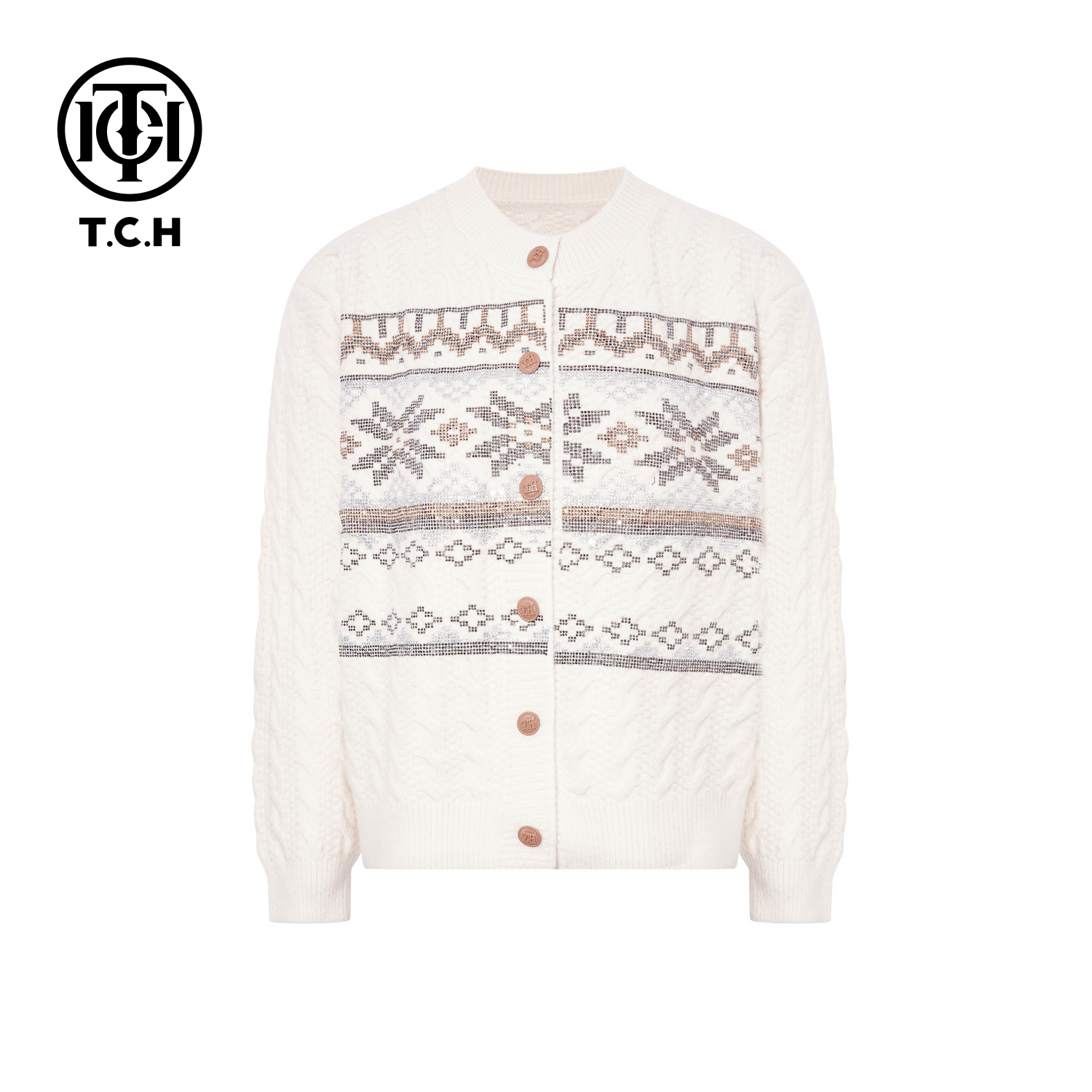 TCH【柔软舒适】冬款时尚烫钻米色休闲风女装针织开衫T75D43E1075