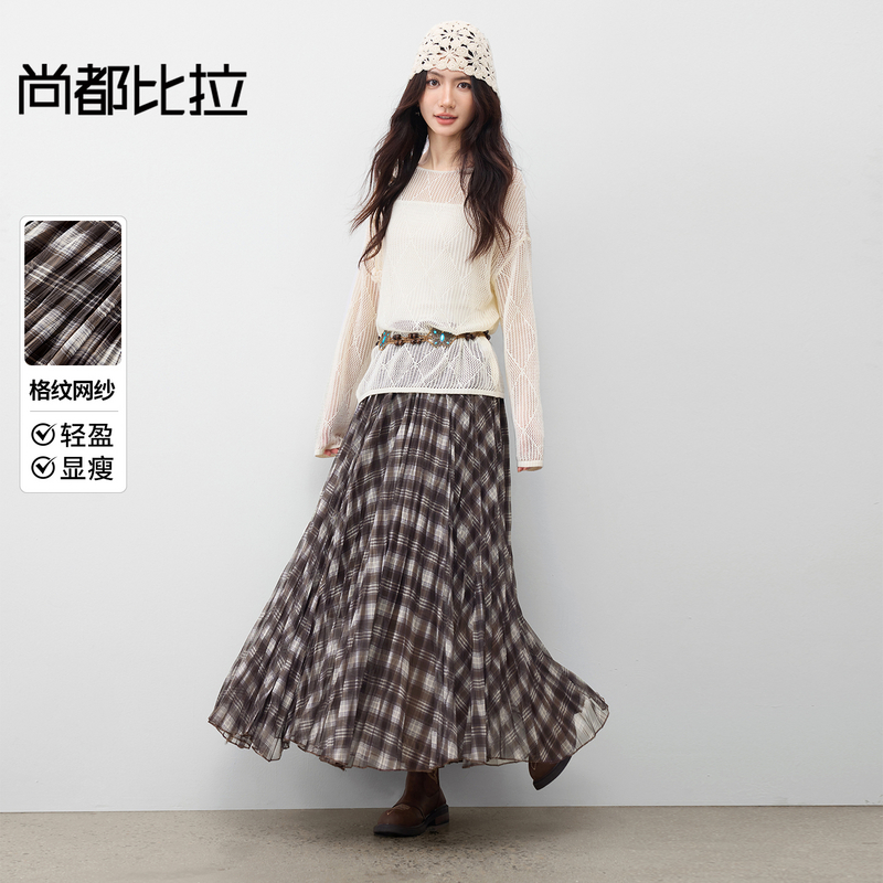 【三层面料不走光】英伦风弹力高腰轻盈飘逸格纹网纱裙半身裙L4234