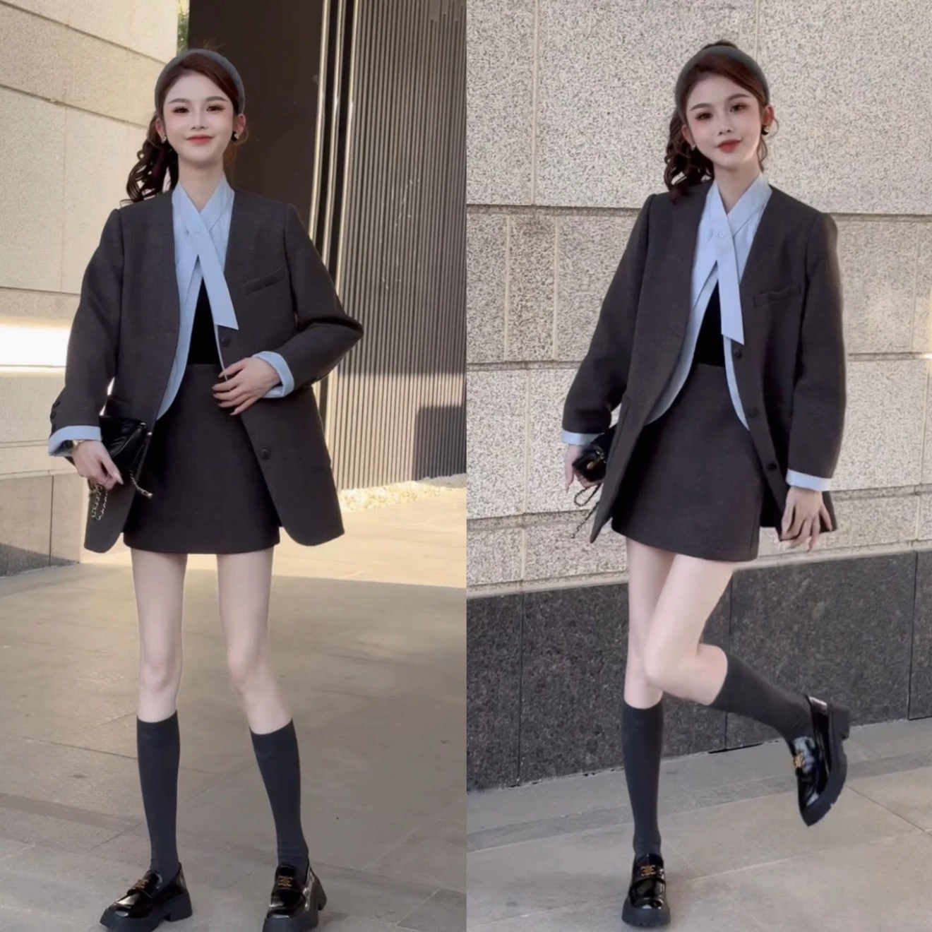 韩系搭配一整套冬装2024新款高级感气质拼接西装半身裙两件套网红