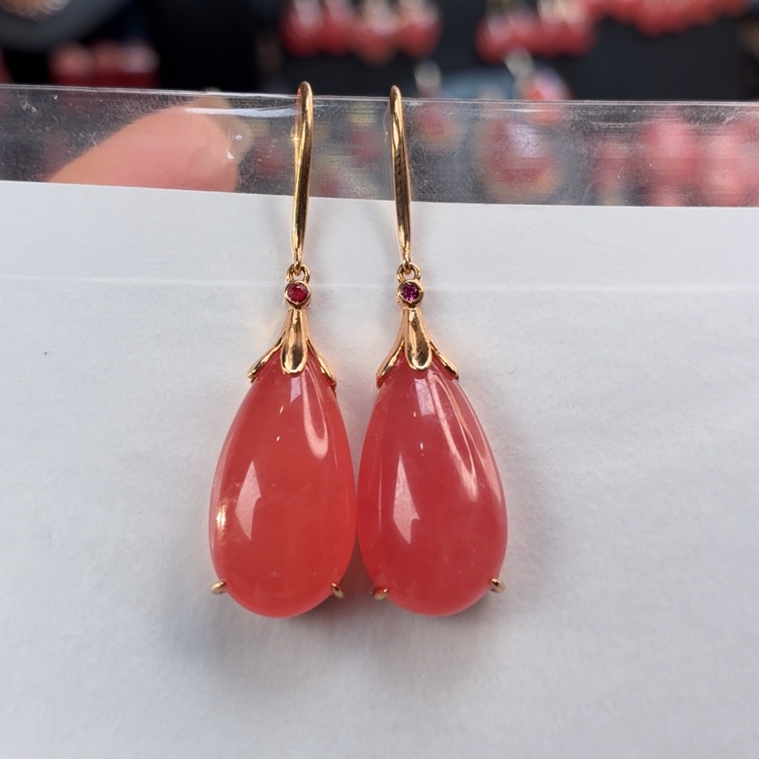 菱锰矿（红纹石）18K金镶嵌耳坠