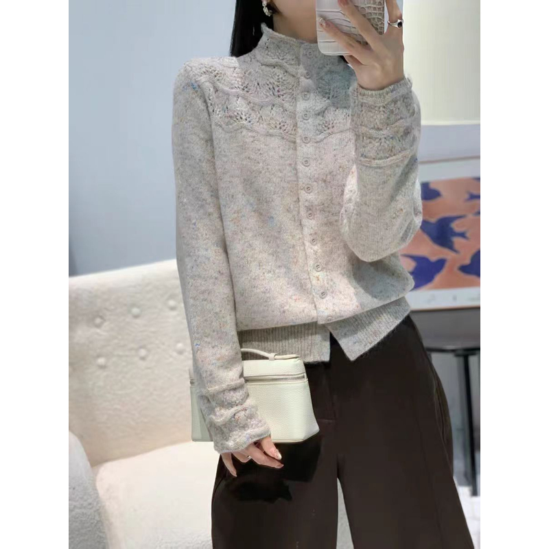 【思思精选】时尚拼接针织衫宽松显瘦毛衣外套彩点纱镂空开衫B177#