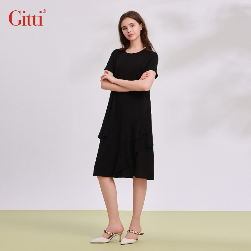 Gitti/吉蒂通勤圆领显瘦荷叶边拼接小黑裙连衣裙G251655