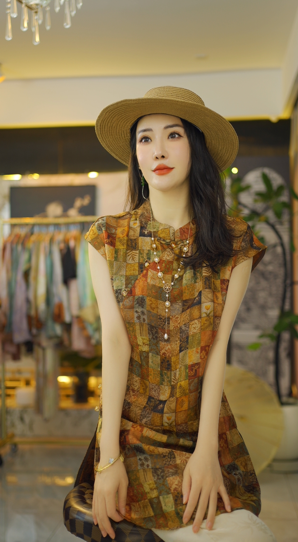 （欧乐格格）国风连衣裙短袖老钱风复古提花上衣