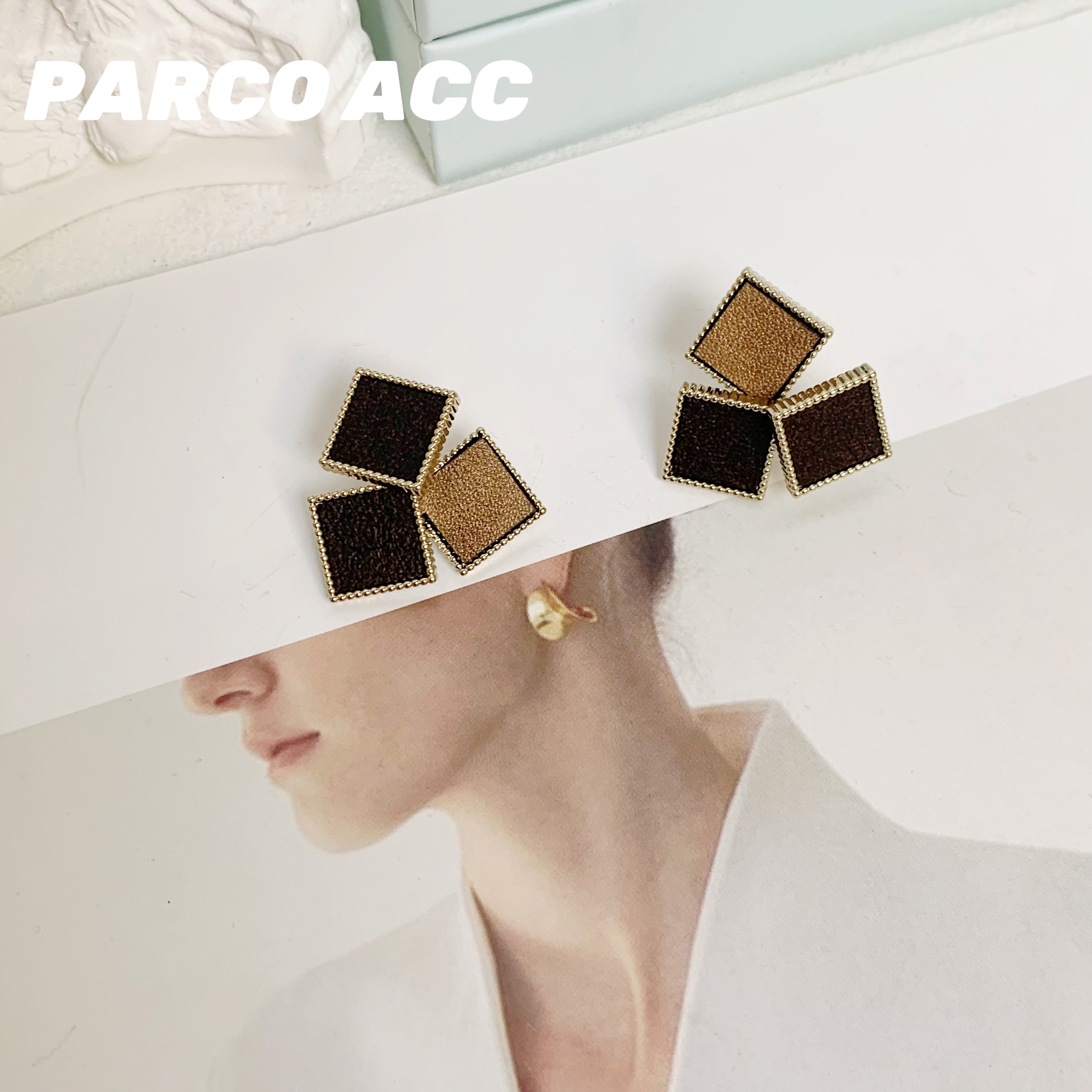 铜合金皮质耳饰 TG507  LORO 初秋摩卡方块耳钉