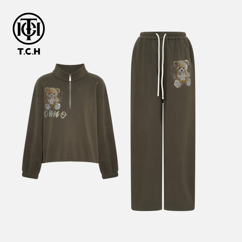 TCH【懒人专属】冬款慵懒风烫钻时尚女装灰绿色套装T75D07E1016