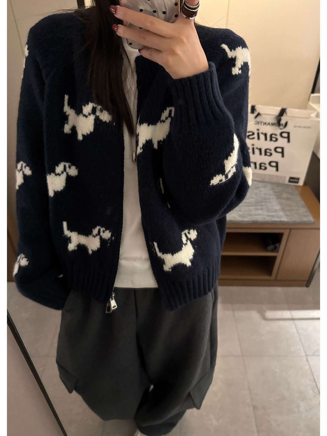 狗狗提花圆领拉链毛衣外套女秋冬新款宽松显瘦百搭针织开衫