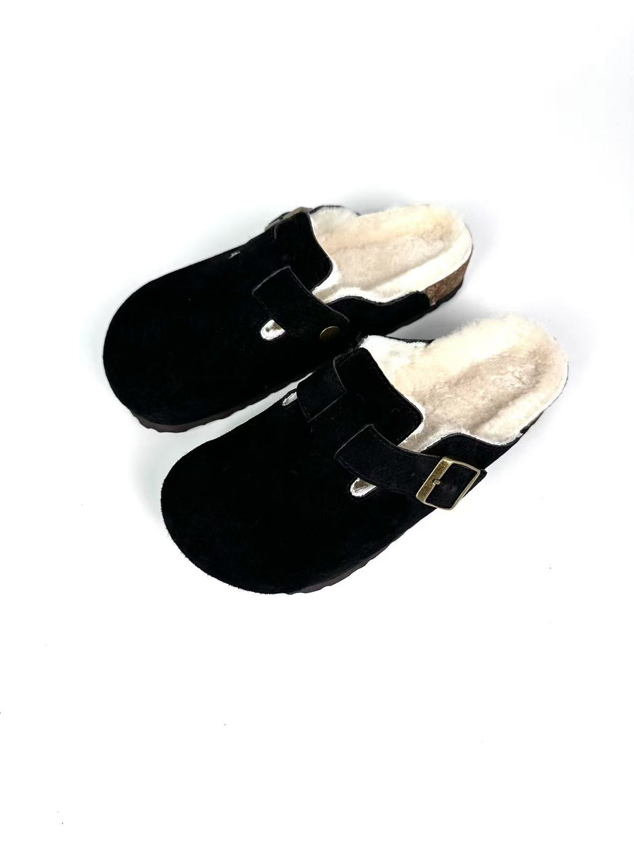 25ss半包加绒真皮勃肯女豆豆鞋厚底超百搭软木底半拖博肯鞋毛绒