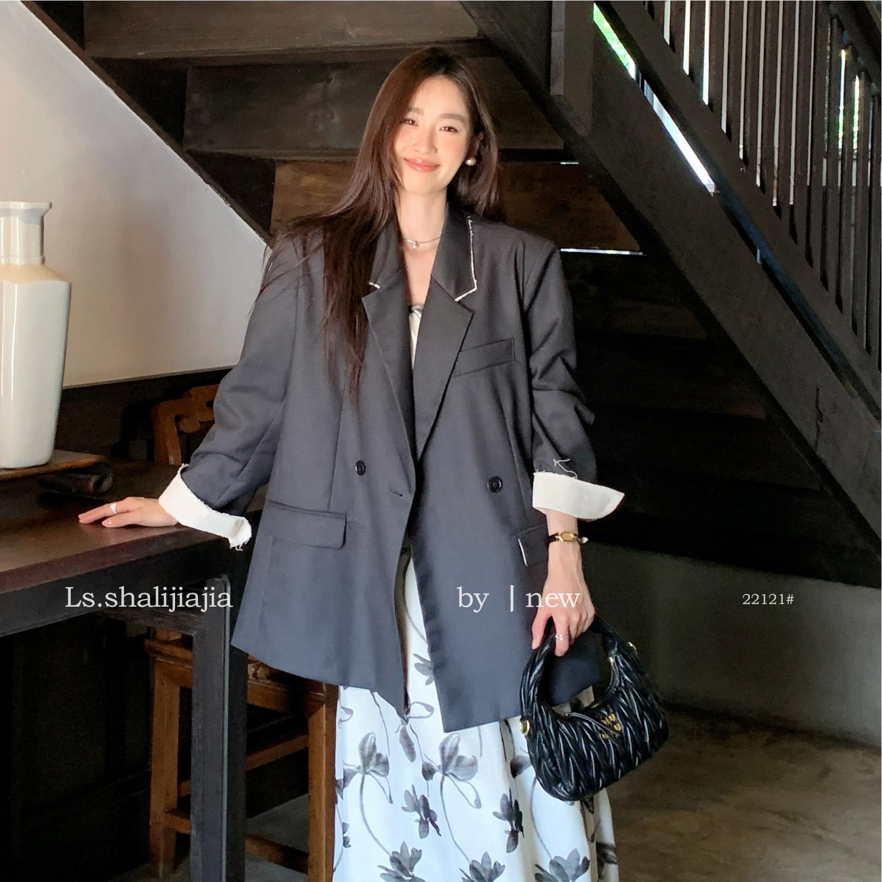 韩系宽松撞色时尚西装外套广州十三行2025春季新品女装裤子22121#