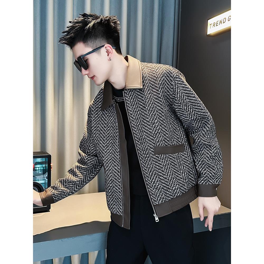 高级感翻领外套男款秋冬季潮流拼接夹克男2025新款男士人字纹上衣