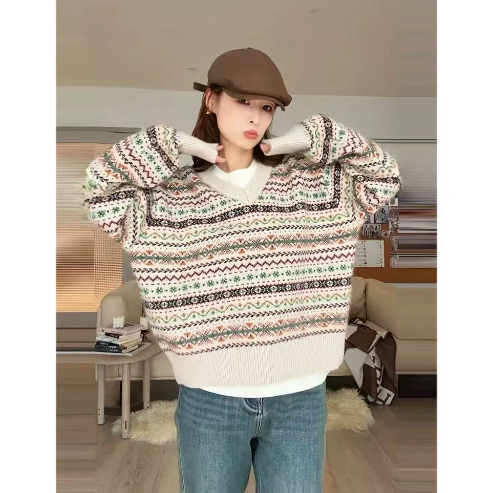 【提花V领米】气质时尚百搭复古宽松圆领春秋新款毛衣