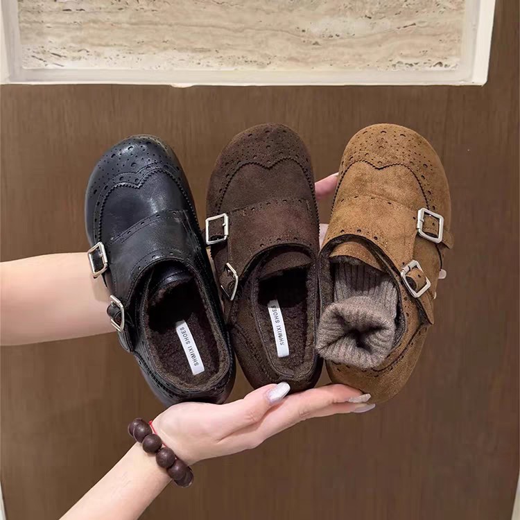 ZZGS【雕花勃肯鞋乐福鞋2025冬新款英伦风内增高小皮鞋加绒鞋】566