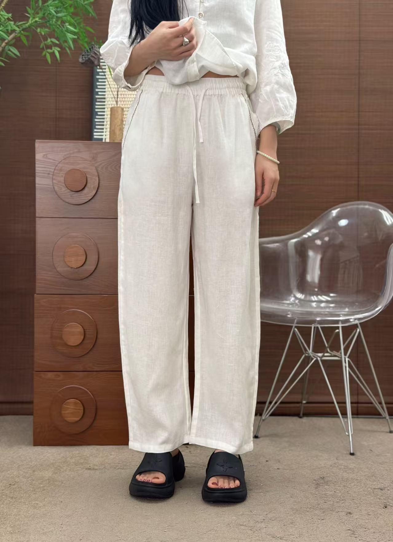 夏款14支纯亚麻镰刀裤老钱风女裤轻薄细腻透气凉而不冰微透