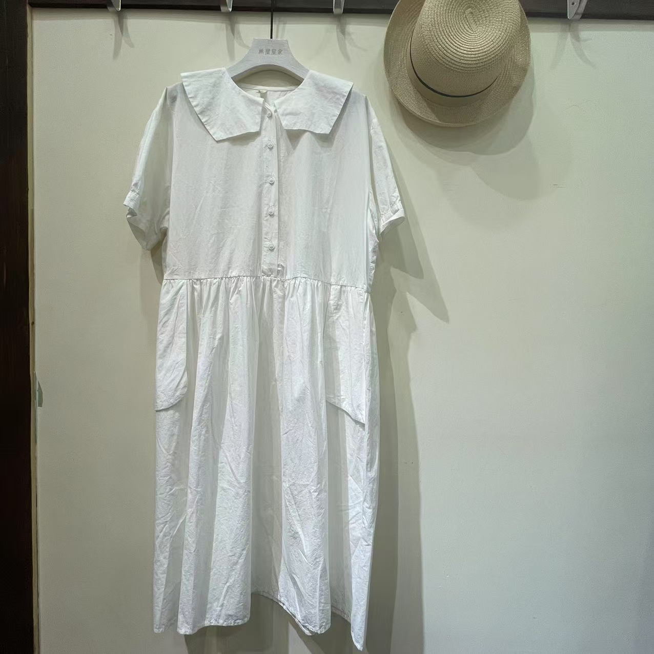 夏季新款文艺娃娃领短袖高腰百搭宽松休闲中长连衣裙