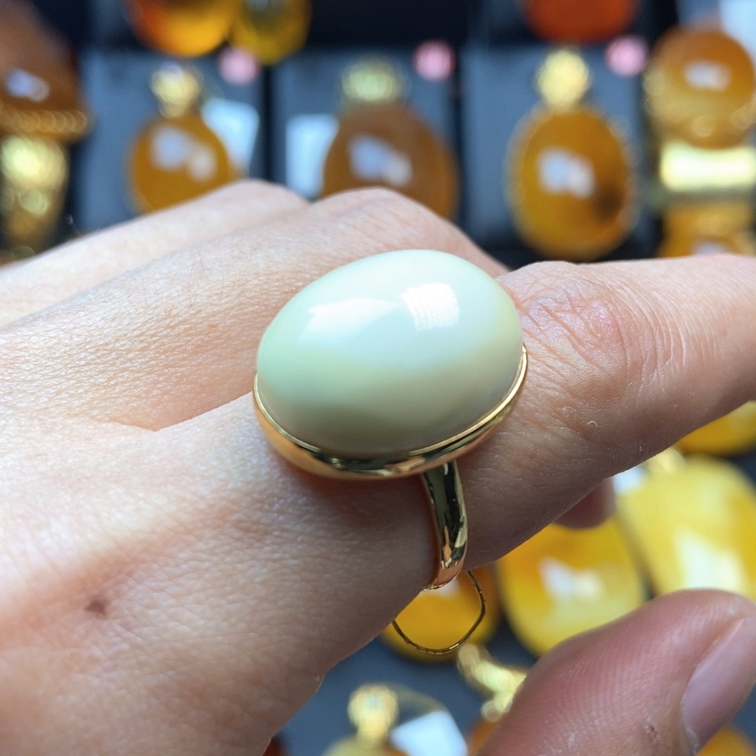 琥珀戒指银S925镀金镶嵌