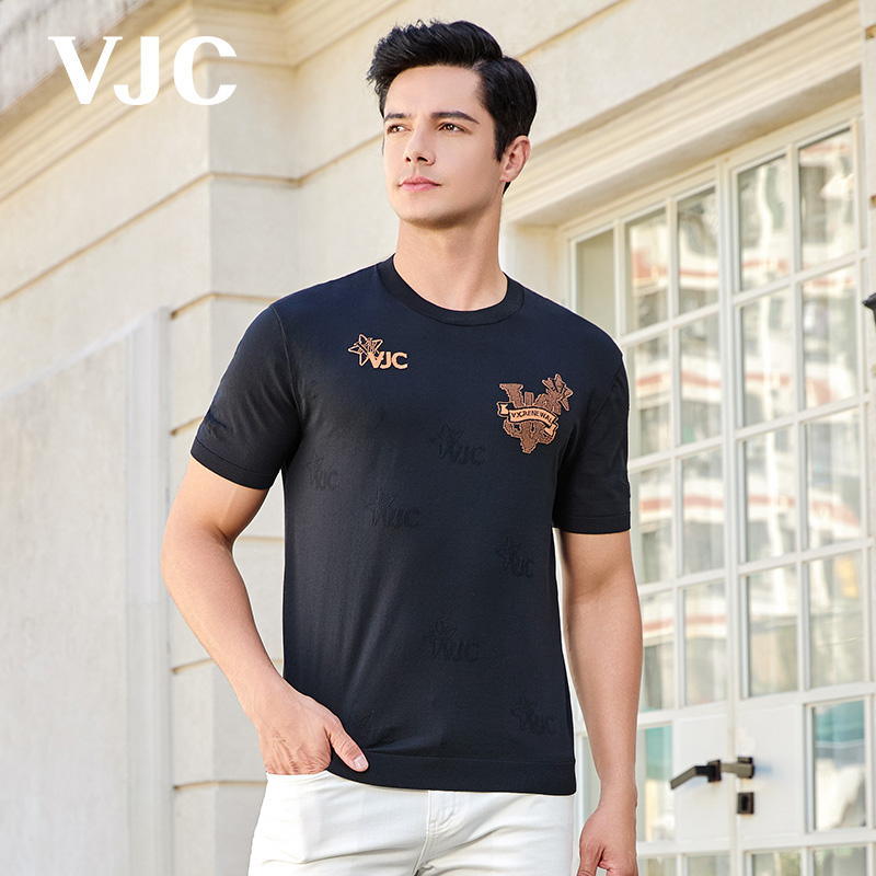 VJC/威杰思2025夏季新款男士圆领短袖针织衫提花肌理B24BC1215