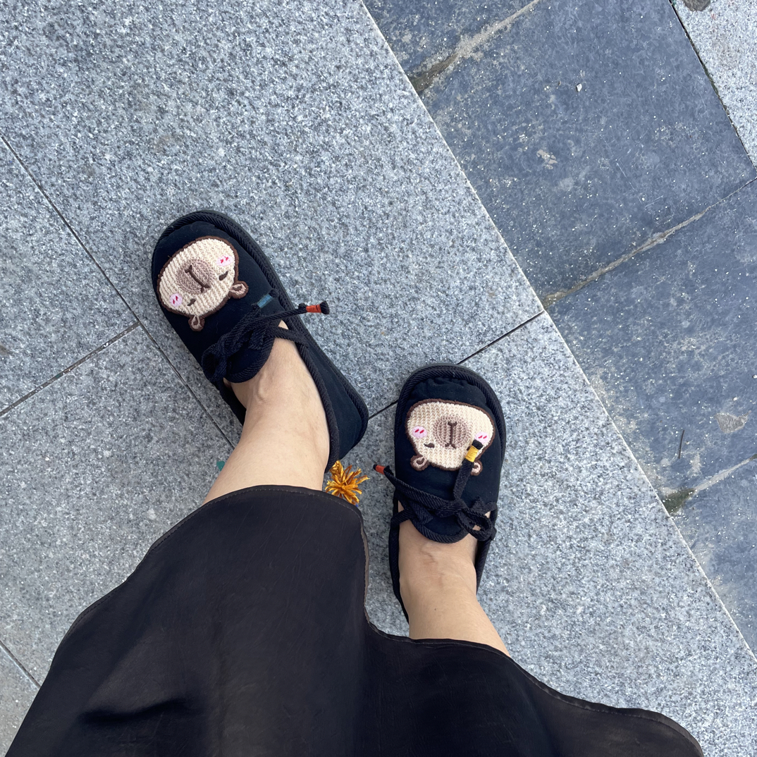 卡皮巴拉 黑色棉麻圆头EVA鞋底系带子手工布鞋