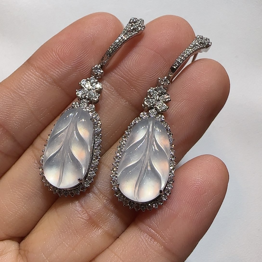 翡翠18K金镶嵌耳坠叶子