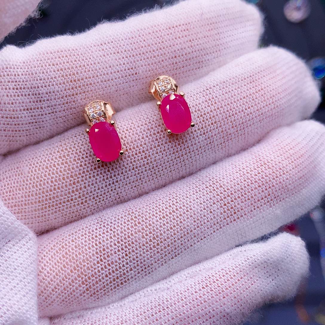 红宝石耳饰银S925镶嵌