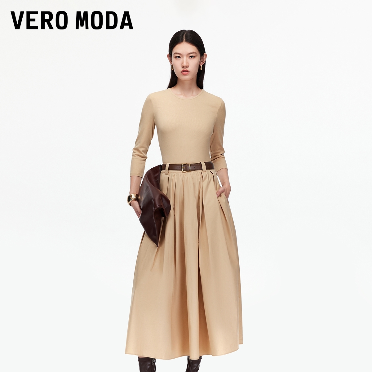 Vero Moda连衣裙2025秋季新款圆领腰带针织拼接A字长裙松弛感百搭