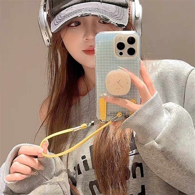 ins韩系格子时钟支架适用适用iPhone16pro手机壳15promax手提14女