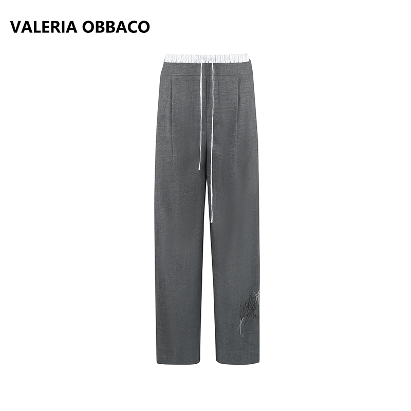 VALERIAOBBACO/瓦莱丽娅 奥贝科复古灰色撞色休闲套装女西装长裤
