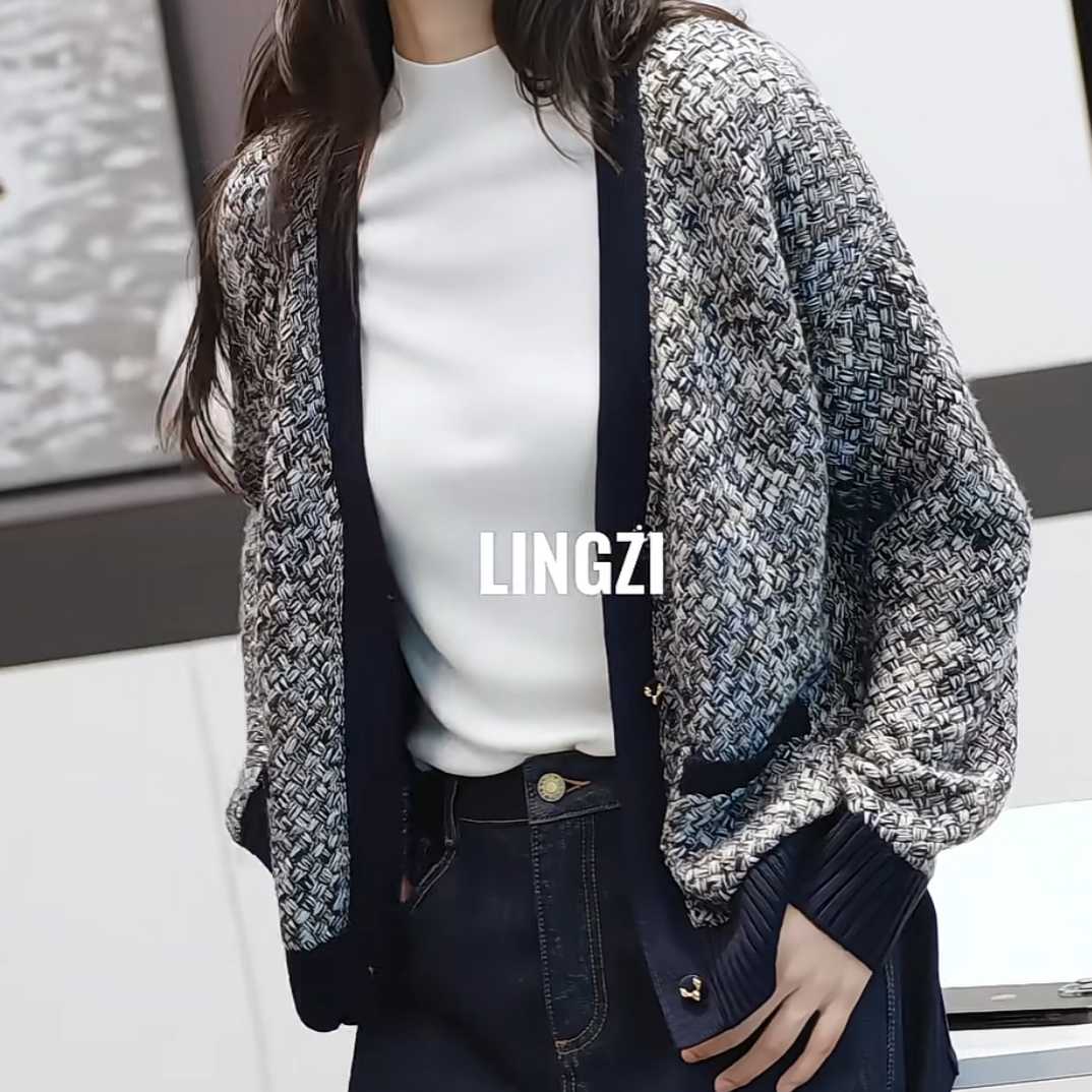 LINGZI/领姿女士绵羊毛秋季开衫气质拼色复古撞色711717