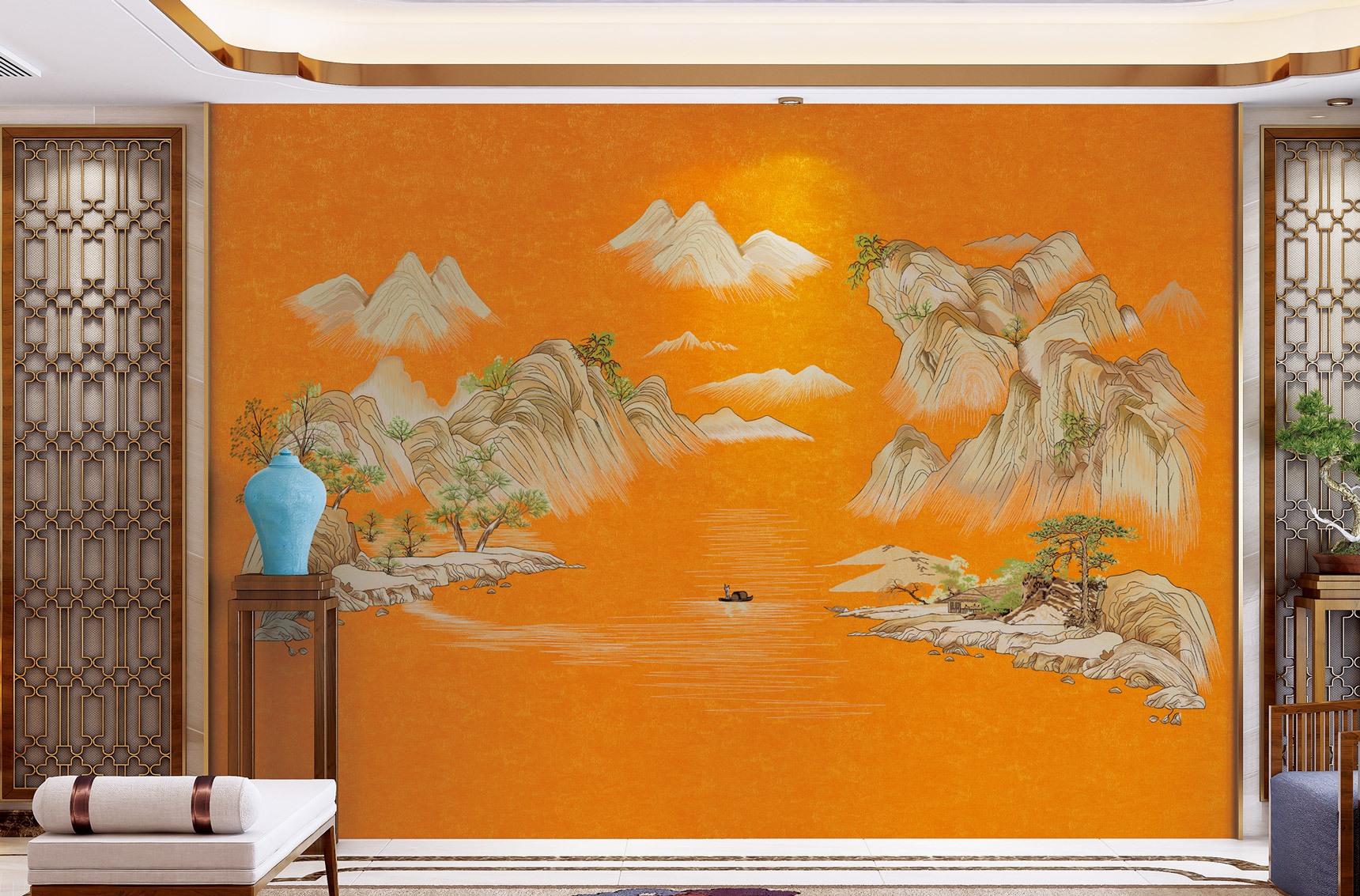 如意新中式高山云境独绣刺绣背景